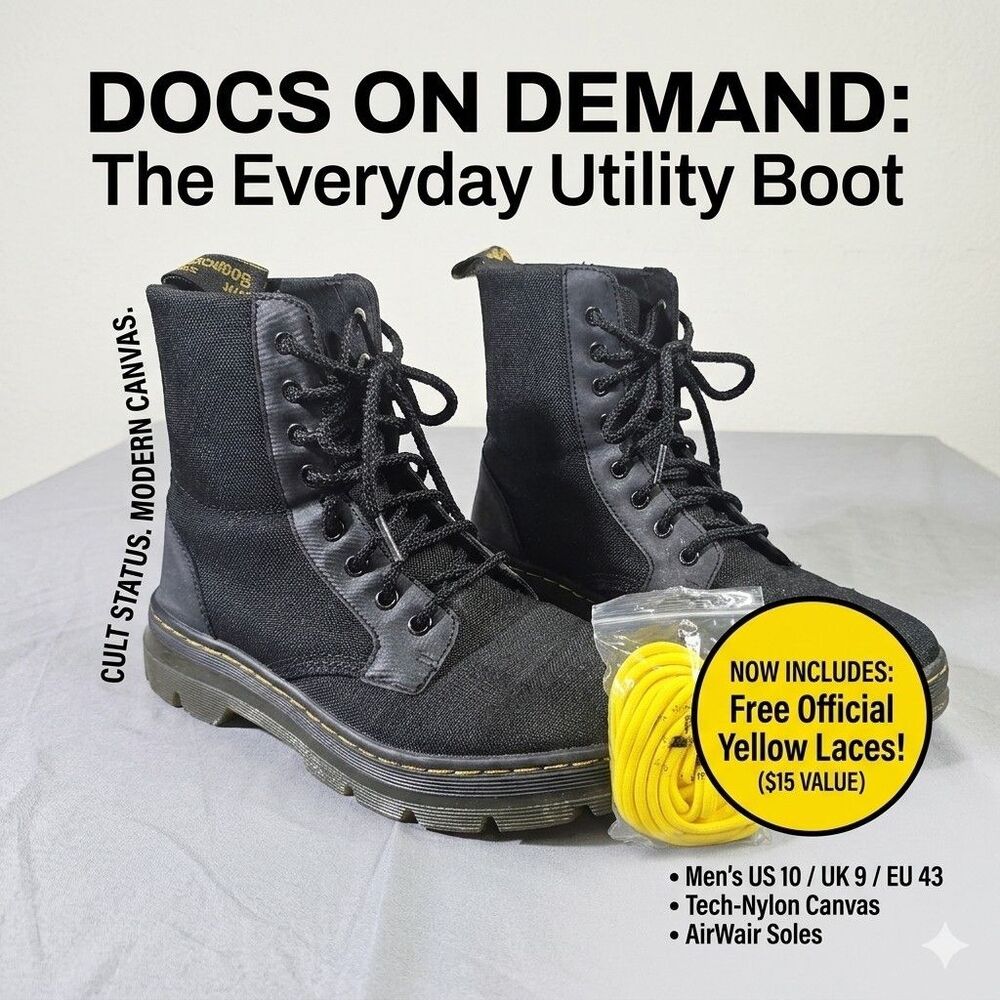 Dr. Martens Combs Nylon Canvas Lace Up Boots Black Mens US 10 Yellow Laces Inc